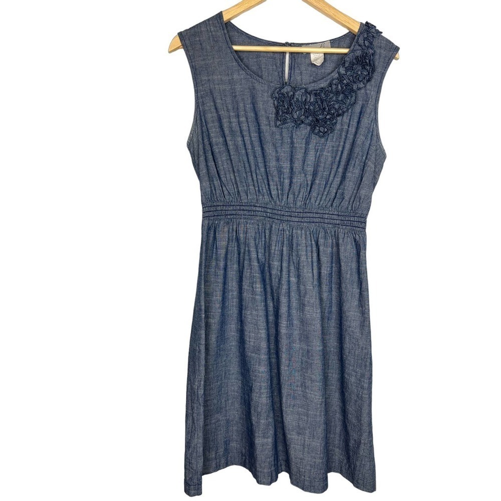 EUC Level Eight Blue Chambray Flower Scoop Sleeveless Chambray Women"s Dress Med